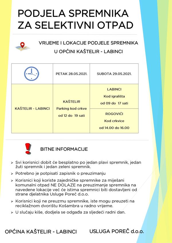 PODIJELA SPREMNIKA ZA ODVOJENO SAKUPLJANJE OTPADA
